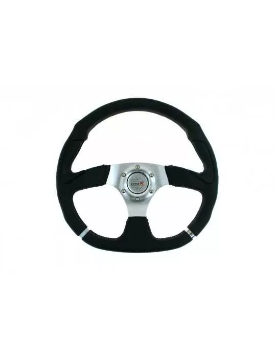 Volant tulipé à méplat simili-Cuir Noir/Acier perforé 350mm