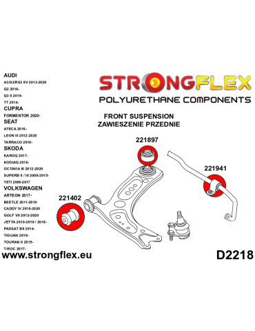  Silent block Polyuréthane Avant Triangle de Suspension Arrière Avant  Audi A3 III (13-21) 8V 2 Roues motrices
