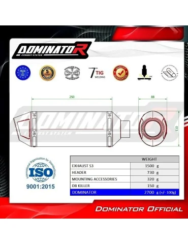 Ligne d'échappement complète inox Dominator S3 Noir pour Yamaha YZF R125 Euro 5+ (2024-2026)