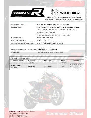 Silencieux slip-on homologué Dominator OVAL pour Kawasaki Z1000 (2007-2009)