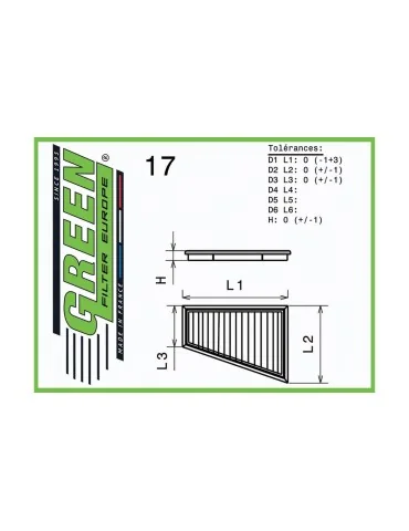 Filtre à air sport Green Filter pour RENAULT SCENIC II/GRAND SCENIC II 2,0L i 16V TURBO (163 cv) depuis 03/2004