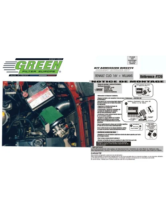 Kit d’admission direct Green Filter pour RENAULT CLIO I WILLIAMS 2,0L i 16V (150 cv) 1994 - 1998