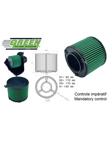 Filtre à air sport Green Filter pour AUDI A5/CABRIOLET/SPORTBACK (F5) 40 TFSI Mild Hybrid (204 cv) depuis 05/2020